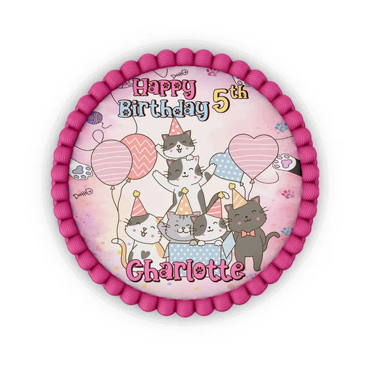 Cats & Kittens edible icing cake images with colorful kitten illustrations placed on a frosted round cake