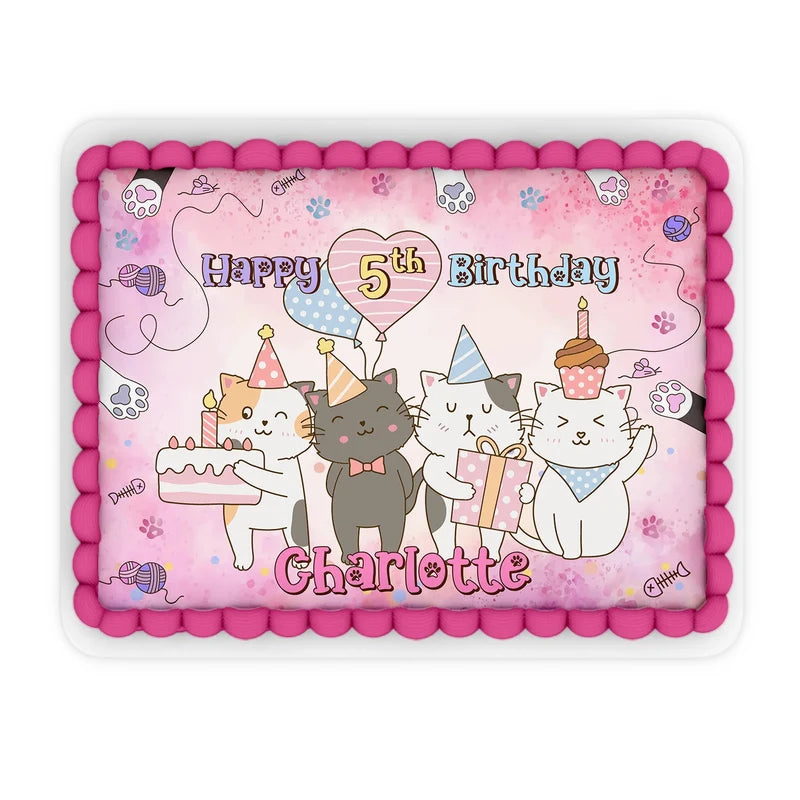Cats & Kittens custom sheet cake images showing a vibrant birthday layout on a large rectangle cake