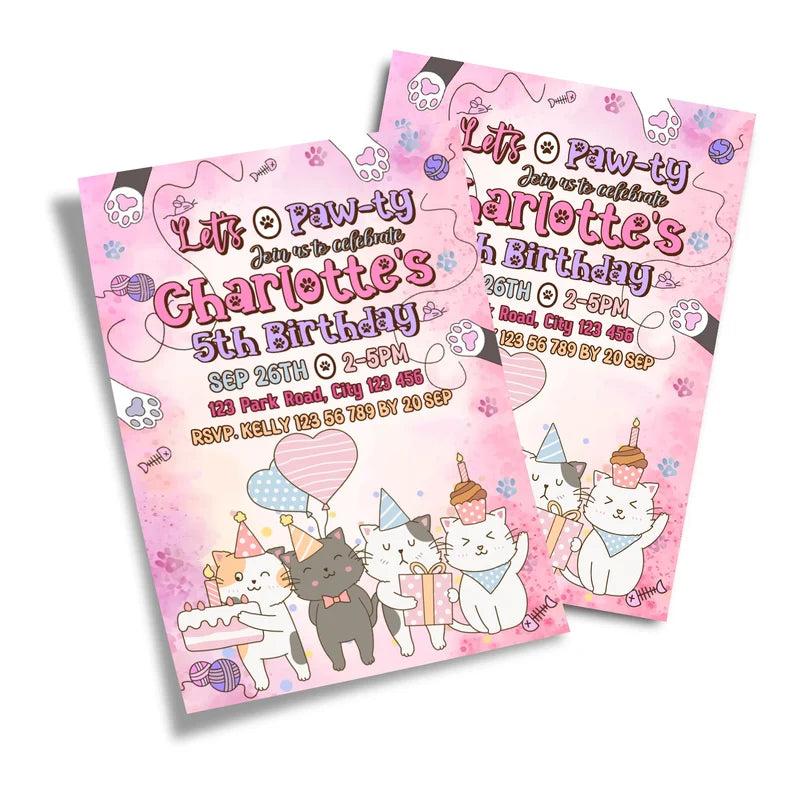 Cats & Kittens birthday card invitations displaying a bright cat template layout on a minimal background
