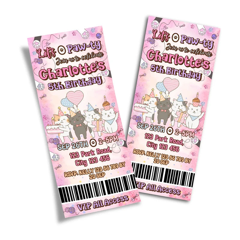 Cats & Kittens birthday ticket invitations showing a vibrant event pass style layout with bold typography