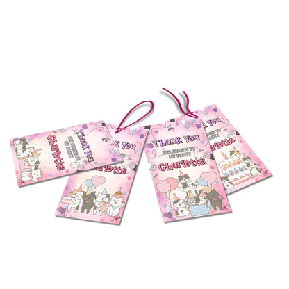 Cats & Kittens thank you tags with colorful text accents displayed on a neatly wrapped party favor box