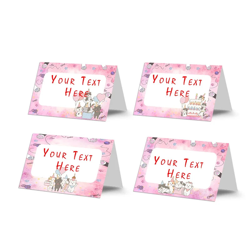 Cats & Kittens food cards showing a collection of vibrant buffet labels arranged on a decorated treat t