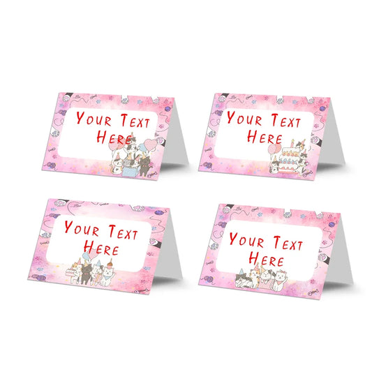 Cats & Kittens food cards showing a collection of vibrant buffet labels arranged on a decorated treat t