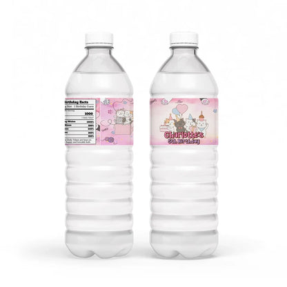 Cats & Kittens water bottle label wrap showing a colorful party theme layout on a clear plastic bottle