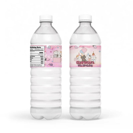 Cats & Kittens water bottle label wrap showing a colorful party theme layout on a clear plastic bottle