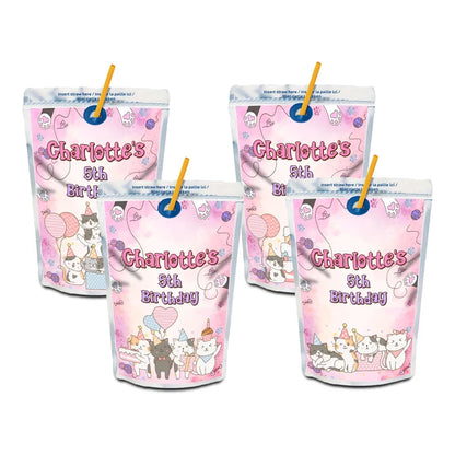 Cats & Kittens juice pouch label mockup featuring a vibrant birthday design attached to a silver pouch