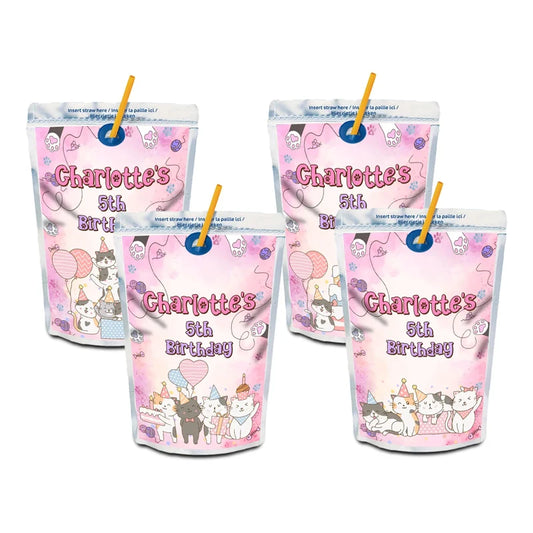 Cats & Kittens juice pouch label mockup featuring a vibrant birthday design attached to a silver pouch