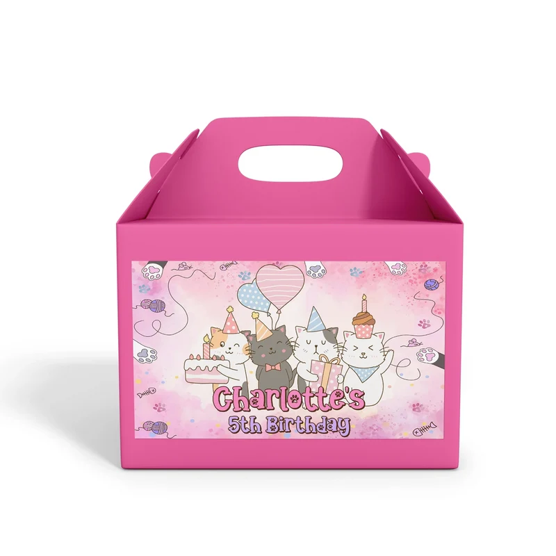Cats & Kittens treat box label showing a colorful custom design layout on a mini favor box container