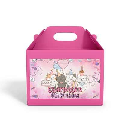 Cats & Kittens treat box label showing a colorful custom design layout on a mini favor box container
