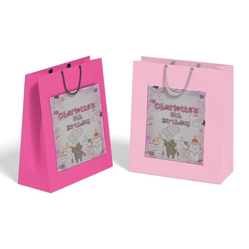 Cats & Kittens goodie bag label featuring a vibrant party theme design applied to a classic paper gift bag