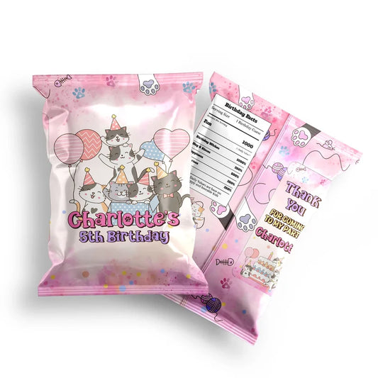Cats & Kittens chips bag label mockup displaying a vibrant custom snack bag layout on a clean background