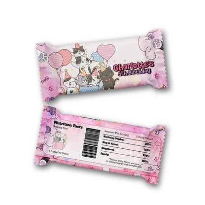 Cats & Kittens Rice Krispies treats and candy bar labels shown together in a vibrant party snack display