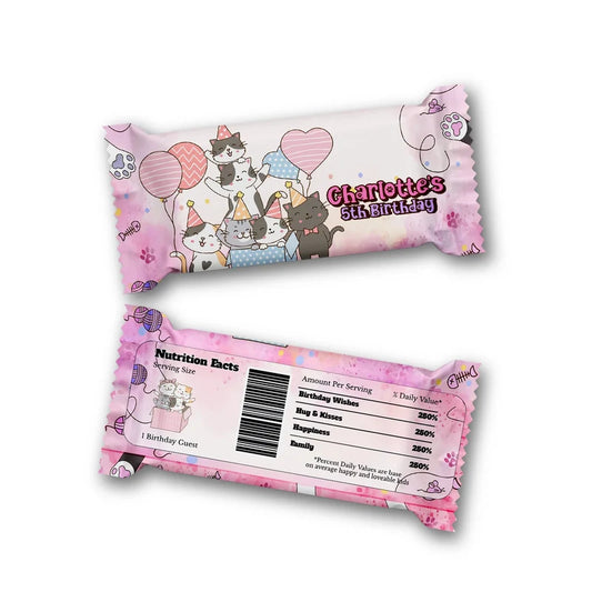 Cats & Kittens Rice Krispies treats and candy bar labels shown together in a vibrant party snack display