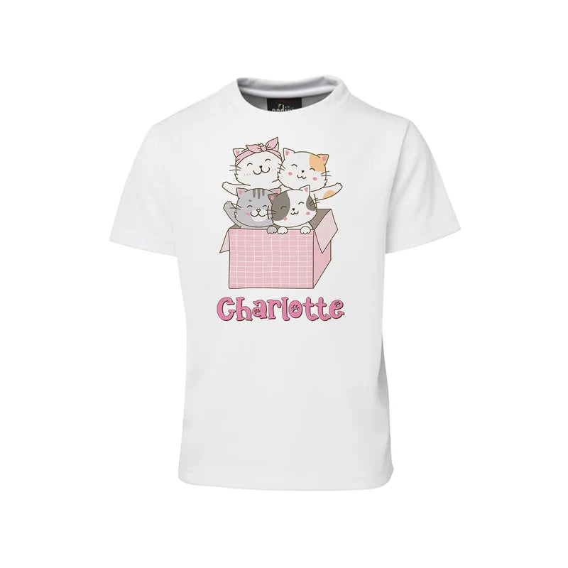 Cats & Kittens sublimation T-shirt mockup showing a colorful graphic layouted on a white cotton shirt