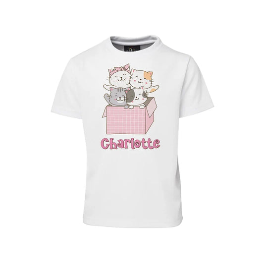 Cats & Kittens sublimation T-shirt mockup showing a colorful graphic layouted on a white cotton shirt