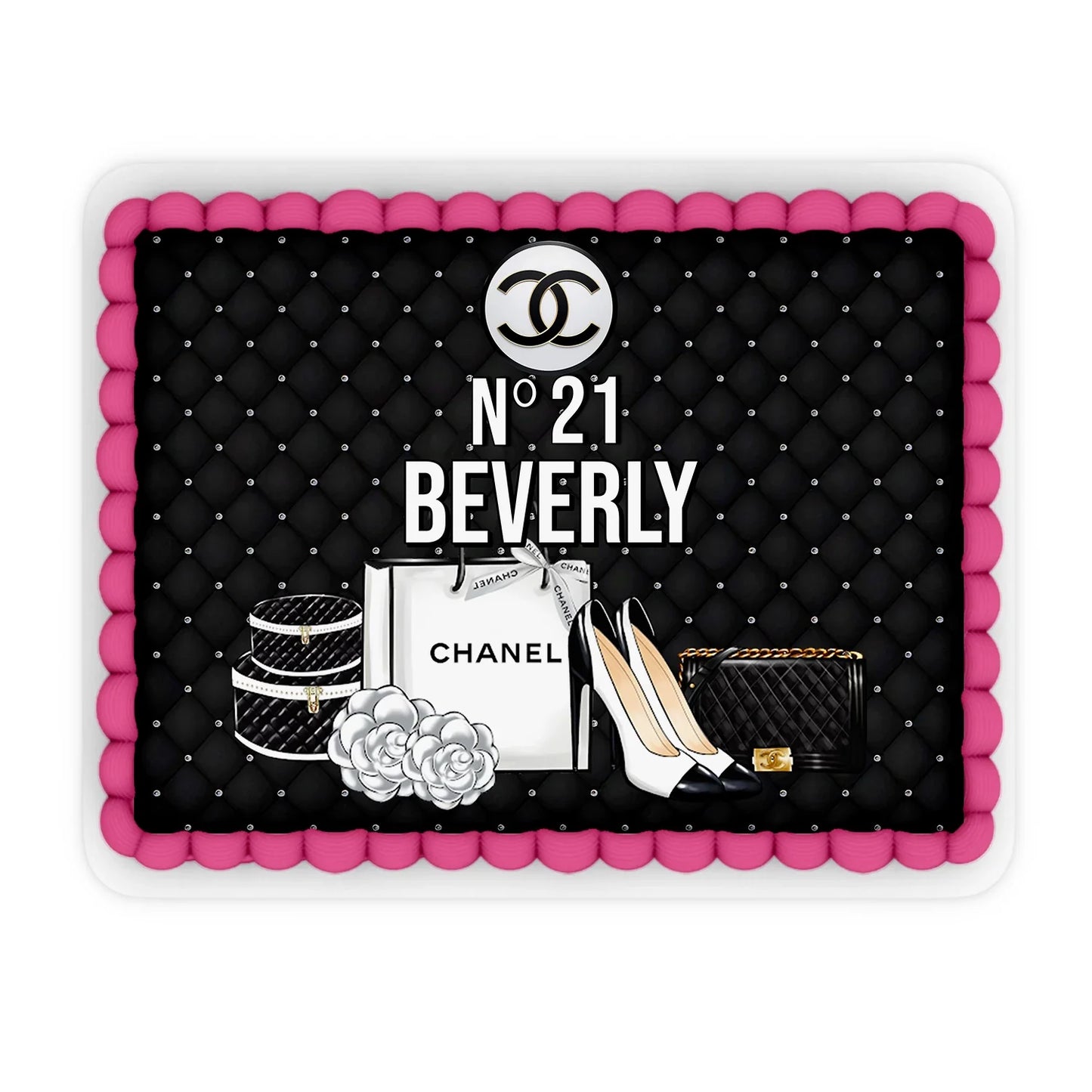 Chanel inspired personalized edible sheet cake images with elegant black, white, and gold accents