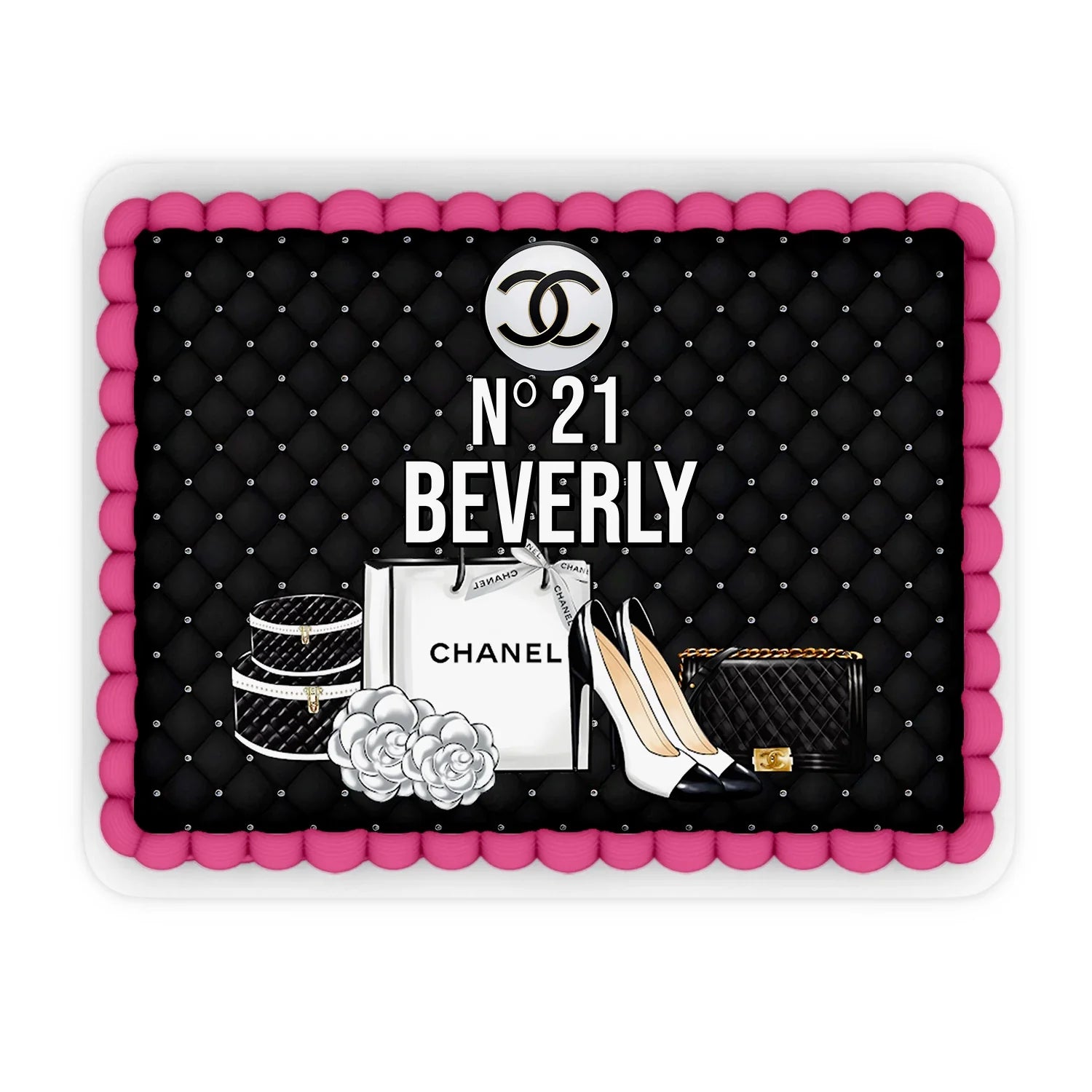 Chanel inspired personalized edible sheet cake images with elegant black, white, and gold accents