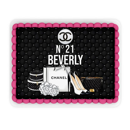 Chanel inspired personalized edible sheet cake images with elegant black, white, and gold accents