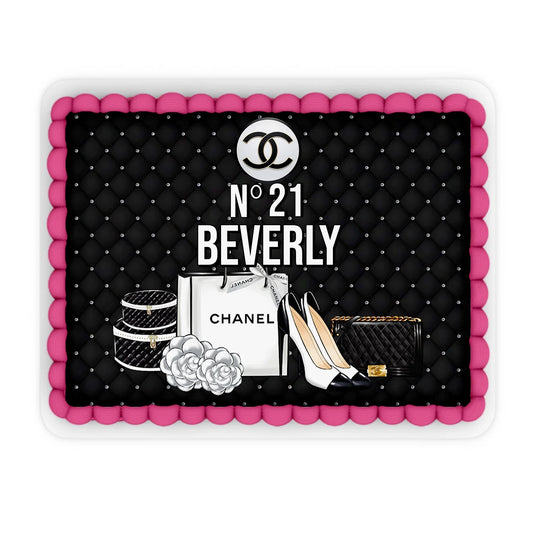 Chanel inspired personalized edible sheet cake images with elegant black, white, and gold accents