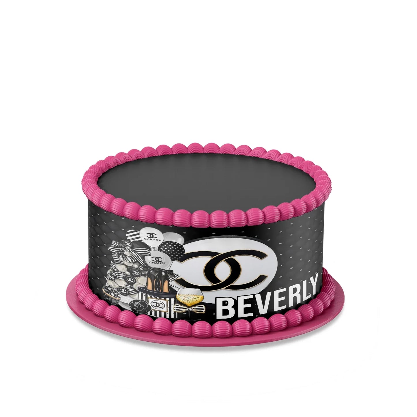 Chanel inspired personalized cake strips with elegant black and white patterns laid flat on white background