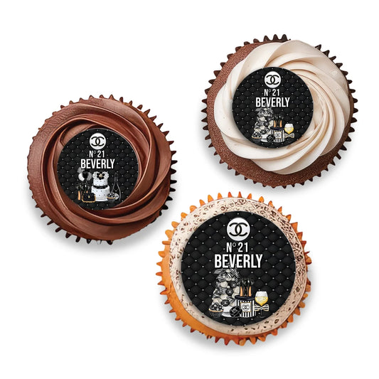 Chanel inspired personalized cupcake toppers with chic fashion-inspired patterns on white background