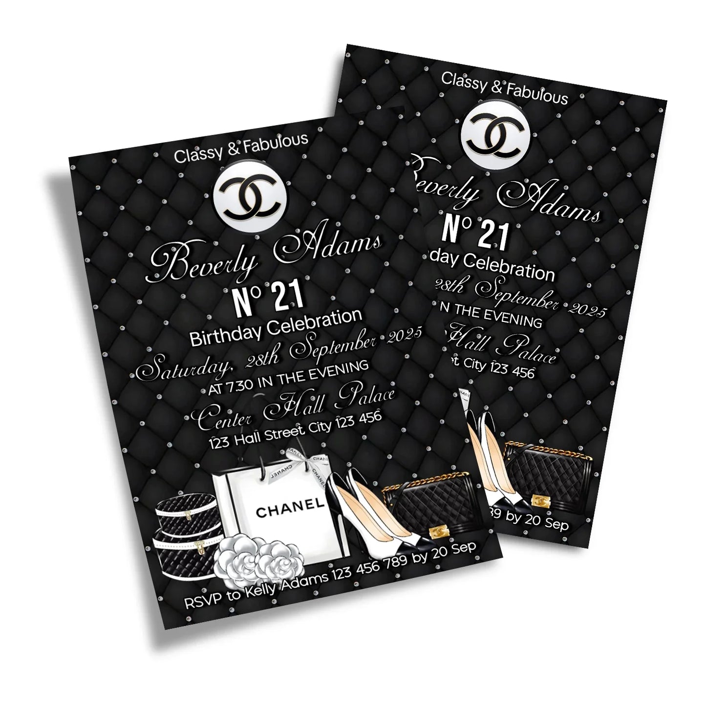 Chanel inspired personalized birthday card invitations with black and white luxury theme shown flat lay