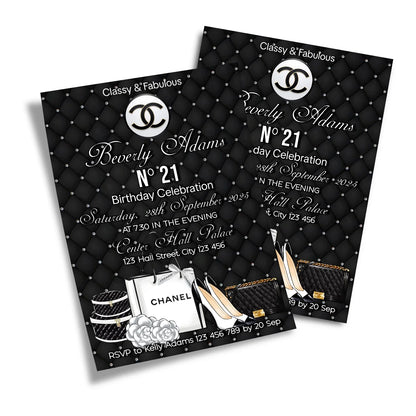 Chanel inspired personalized birthday card invitations with black and white luxury theme shown flat lay
