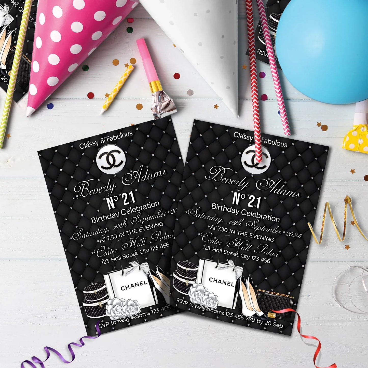 Luxury Bag Birthday Decorations, Chanel Inspired Party Supplies, Designer Chanel Themed, Coco Chanel Digital Template, Editable Chanel Inspired Image SVG PNG