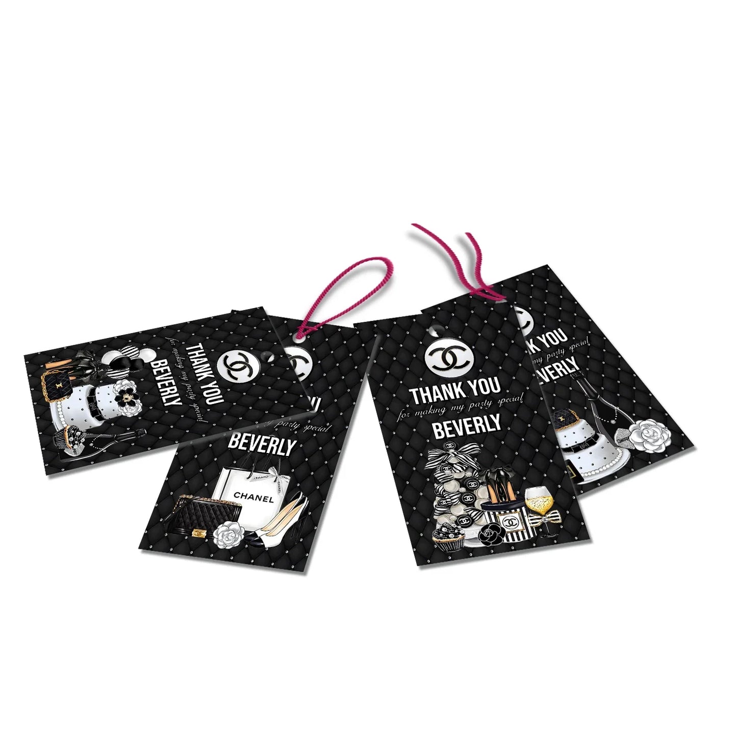 Chanel inspired thank you tags with elegant black and white fashion-inspired design on white background