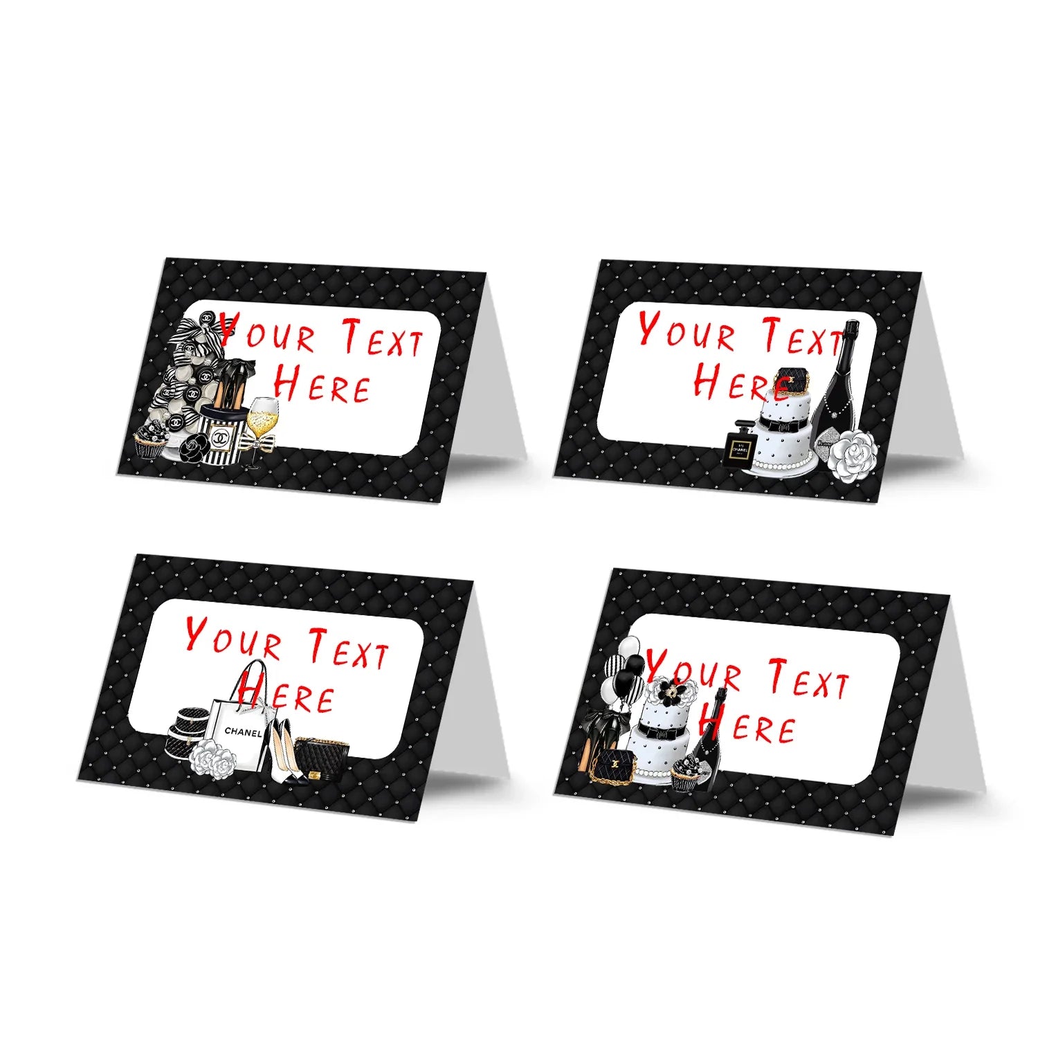 Chanel inspired food cards with minimalist black and white layout arranged in flat lay