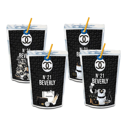 Chanel inspired juice pouch label with chic black and white design on white background
