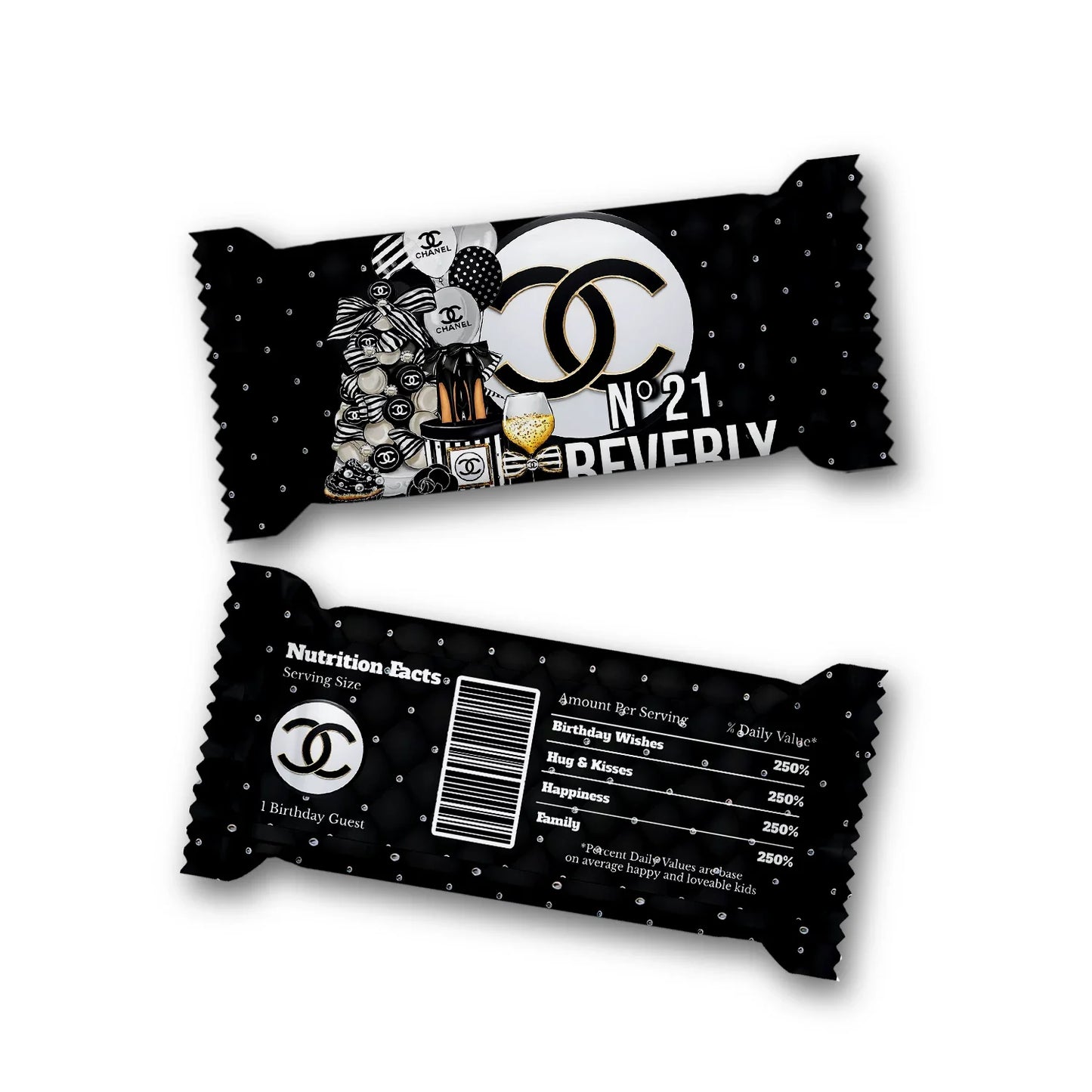 Chanel inspired Rice Krispies treats and candy bar labels with matching black and white luxury theme