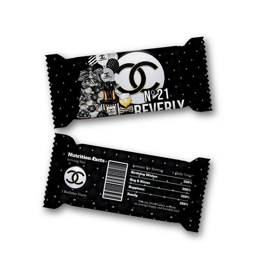 Chanel inspired Rice Krispies treats and candy bar labels with matching black and white luxury theme