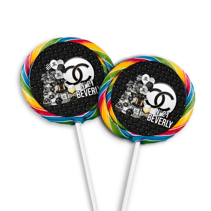 Chanel inspired lollipop label with chic black and white fashion-inspired design