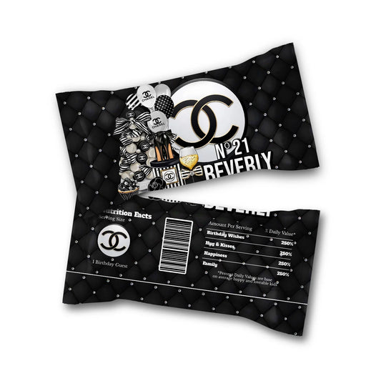 Chanel inspired Skittles label with elegant black and white luxury style