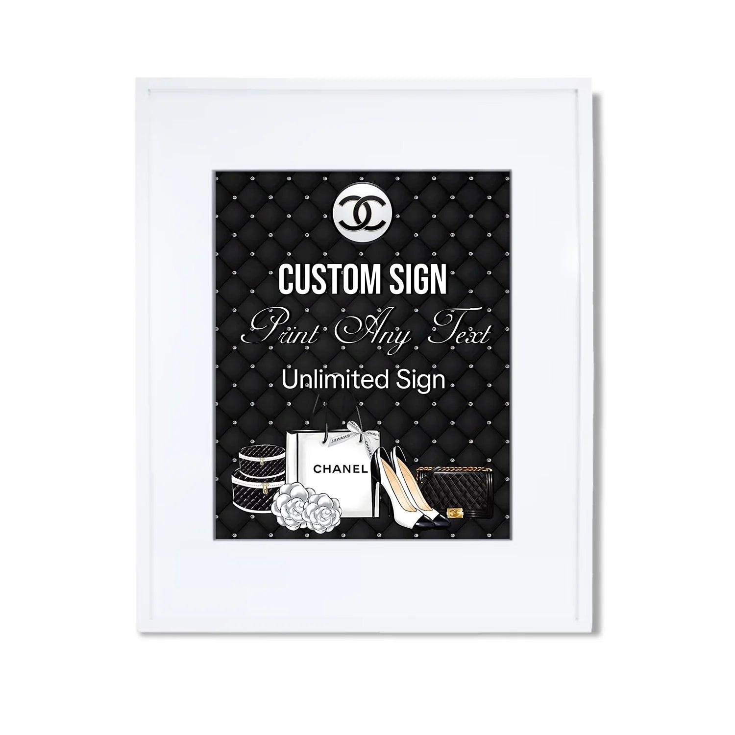 Chanel inspired custom sign with bold black and white fashion-inspired layout