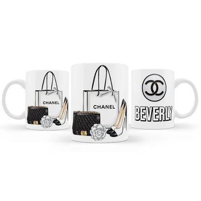 Chanel inspired sublimation mug with chic black and white design on white ceramic