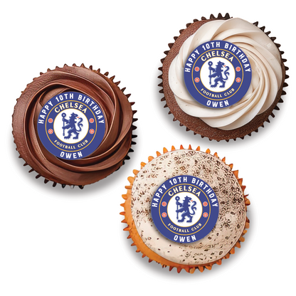 Chelsea FC themed personalized cupcakes toppers