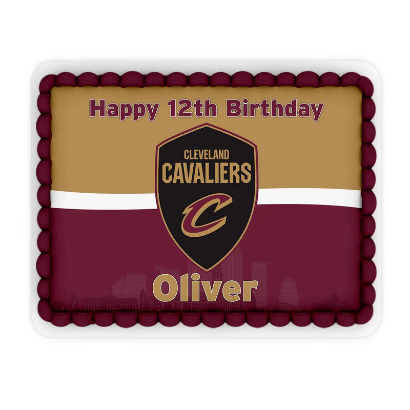 Cleveland Cavaliers edible sheet cake topper in full color with team branding, displayed on rectangle cake