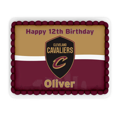 Cleveland Cavaliers edible sheet cake topper in full color with team branding, displayed on rectangle cake