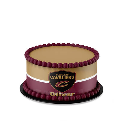 Cleveland Cavaliers edible cake strips with bold graphics in team colors wrapped around a white frosted cake