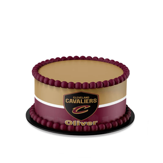 Cleveland Cavaliers edible cake strips with bold graphics in team colors wrapped around a white frosted cake