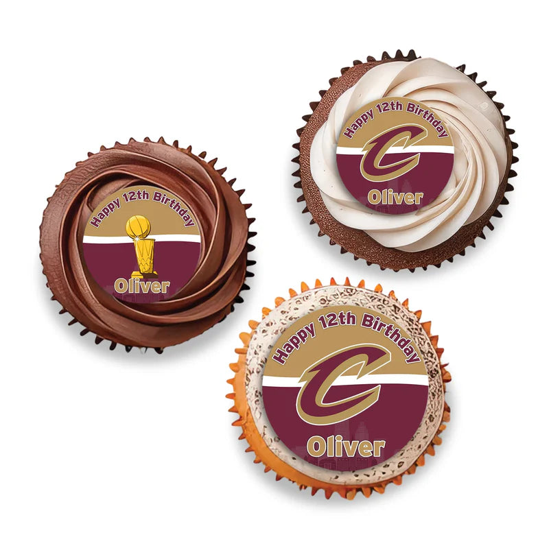 Cleveland Cavaliers cupcake toppers with round team logo cutouts on toothpicks, red and gold palette