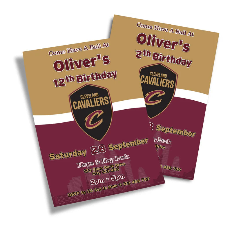 Cleveland Cavaliers birthday invitations with custom text on a white card featuring red and gold accents