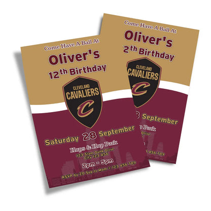 Cleveland Cavaliers birthday invitations with custom text on a white card featuring red and gold accents