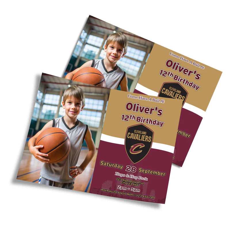 Cleveland Cavaliers photo card invitations with personalized image and team logo, flat lay on white surface