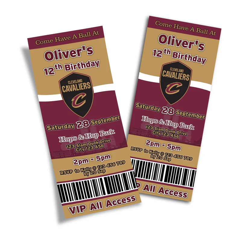 Cleveland Cavaliers birthday ticket invitations with event details styled like a basketball game ticket