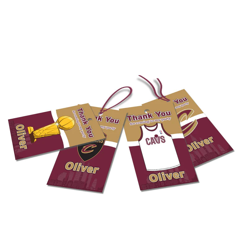 Cleveland Cavaliers thank you tags with custom message and logo, tied to red favor bags, white background