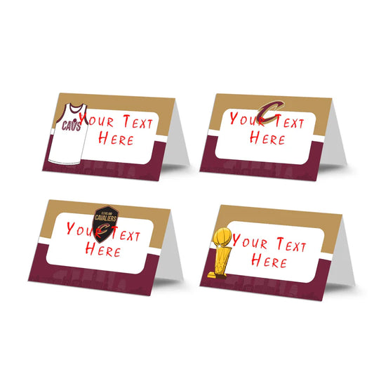 Cleveland Cavaliers food cards with foldable design and team logo, tented on buffet table setup