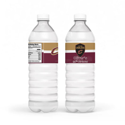 Cleveland Cavaliers water bottle label with bold logo and red background wrapped around clear plastic bottle